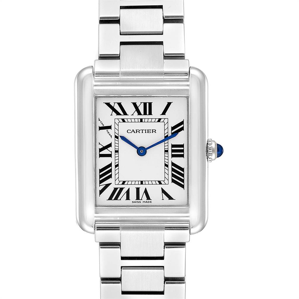 This image shows a frontal view of the Cartier Tank Solo W5200013 Women
s Stainless Steel Silver Dial W5200013 Women
s Stainless Steel Silver Dial watch, displaying its rectangular face and metallic bracelet.