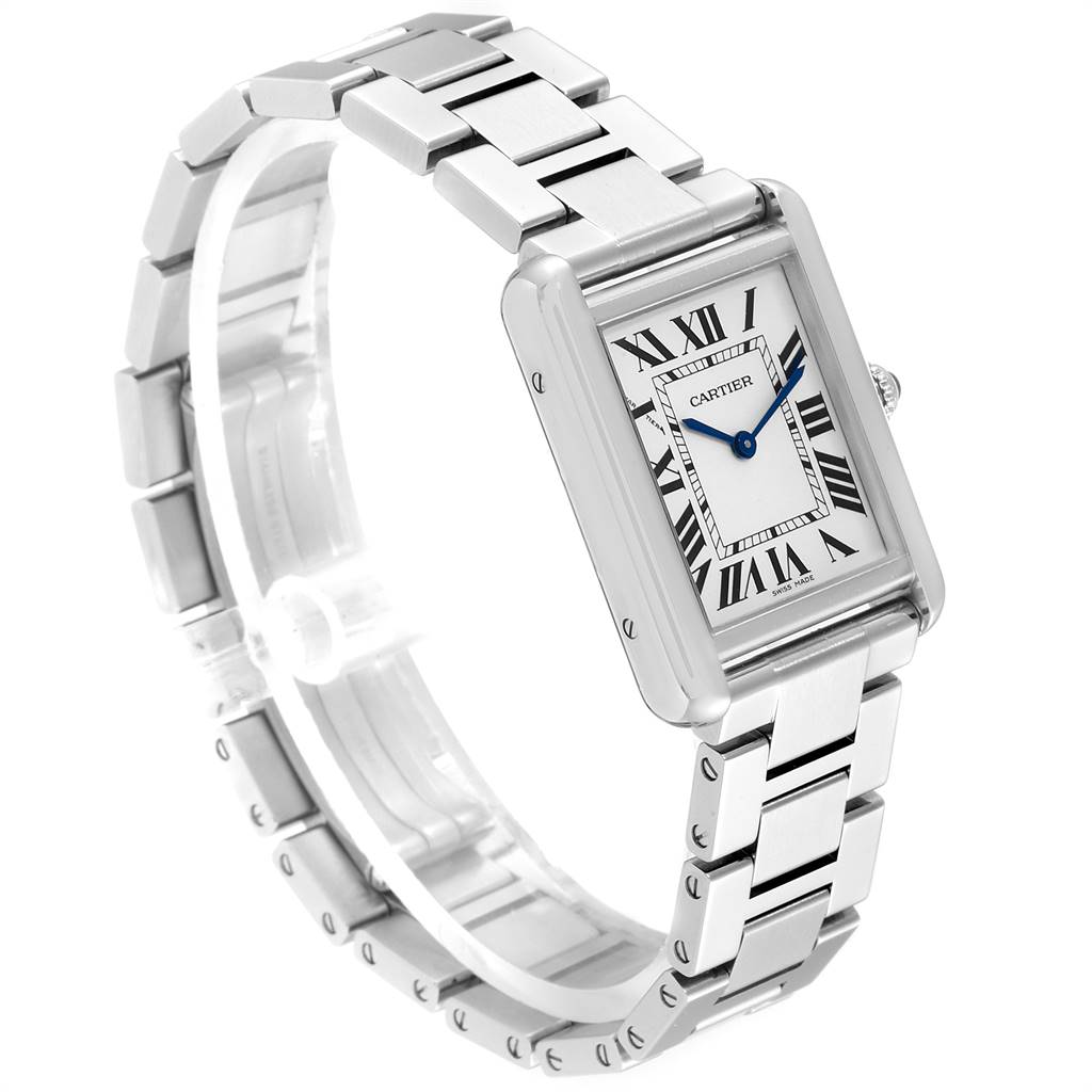 The Cartier Tank Solo W5200013 Women
s Stainless Steel Silver Dial W5200013 Women
s Stainless Steel Silver Dial watch is shown from a three-quarter angle, highlighting its rectangular face, Roman numeral dial, and metal bracelet.