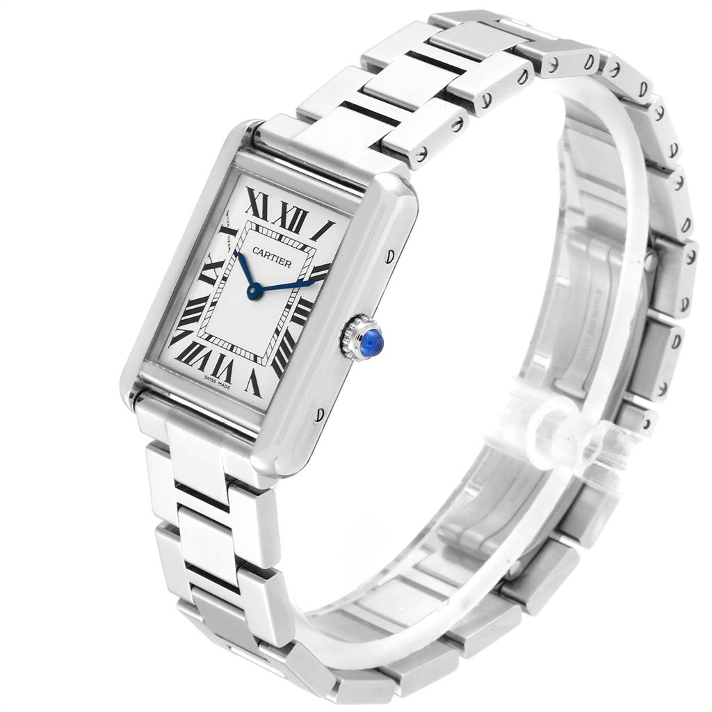 The Cartier Tank Solo W5200013 Women
s Stainless Steel Silver Dial W5200013 Women
s Stainless Steel Silver Dial watch is shown at a slight angle, highlighting its rectangular face and metal bracelet.