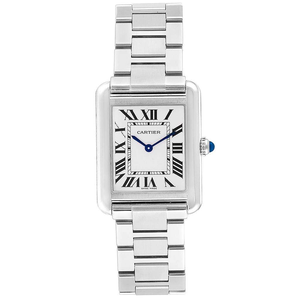 The image shows a front view of the Tank Solo model by Cartier, highlighting its rectangular face and metallic bracelet.