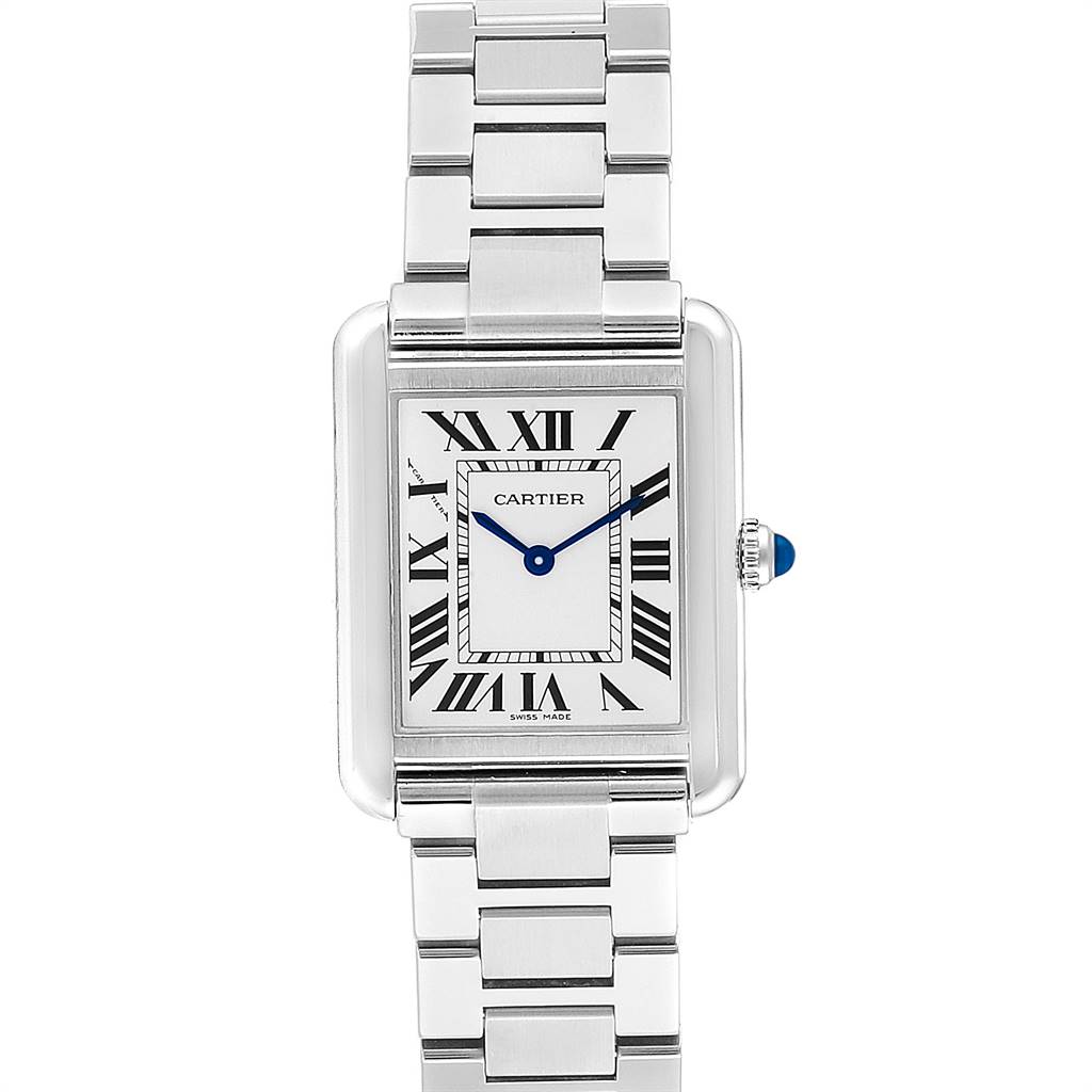 This image shows the front view of the Cartier Tank Solo W5200013 Women's Stainless Steel Silver Dial W5200013 Women's Stainless Steel Silver Dial watch, highlighting its rectangular face, Roman numerals, and metal bracelet.