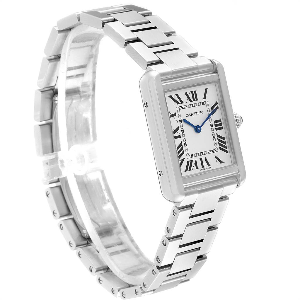 The image shows a Cartier Tank Solo W5200013 Women's Stainless Steel Silver Dial W5200013 Women's Stainless Steel Silver Dial watch at a 3/4 angle, highlighting its face, case, and metal bracelet.