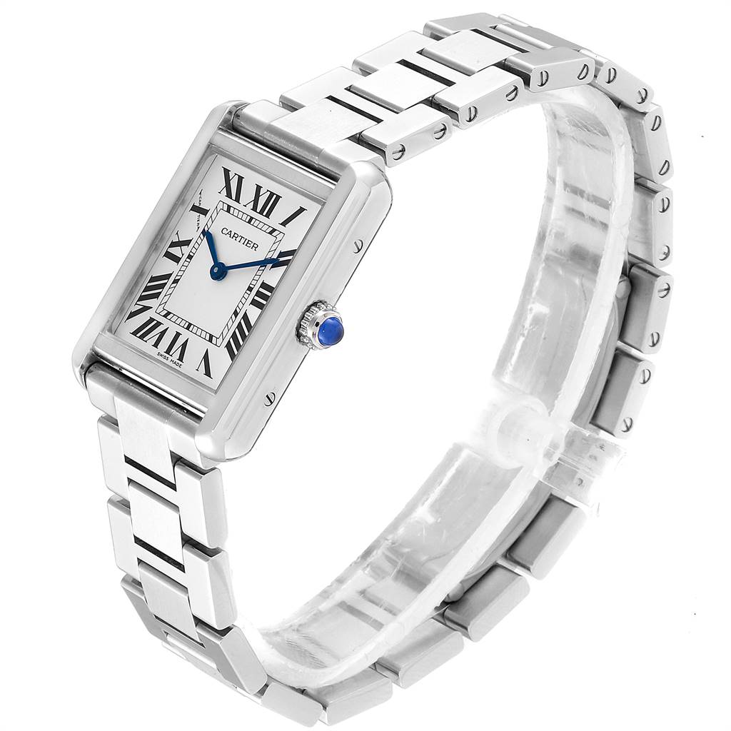 The image shows a Cartier Tank Solo W5200013 Women's Stainless Steel Silver Dial W5200013 Women's Stainless Steel Silver Dial watch from an angled top view, highlighting the face, crown, and metal bracelet.
