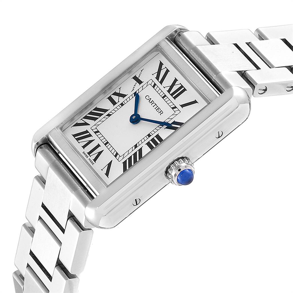This image shows a Cartier Tank Solo W5200013 Women's Stainless Steel Silver Dial W5200013 Women's Stainless Steel Silver Dial watch at an angled side view, highlighting its rectangular face, Roman numerals, blue hands, and metal bracelet.