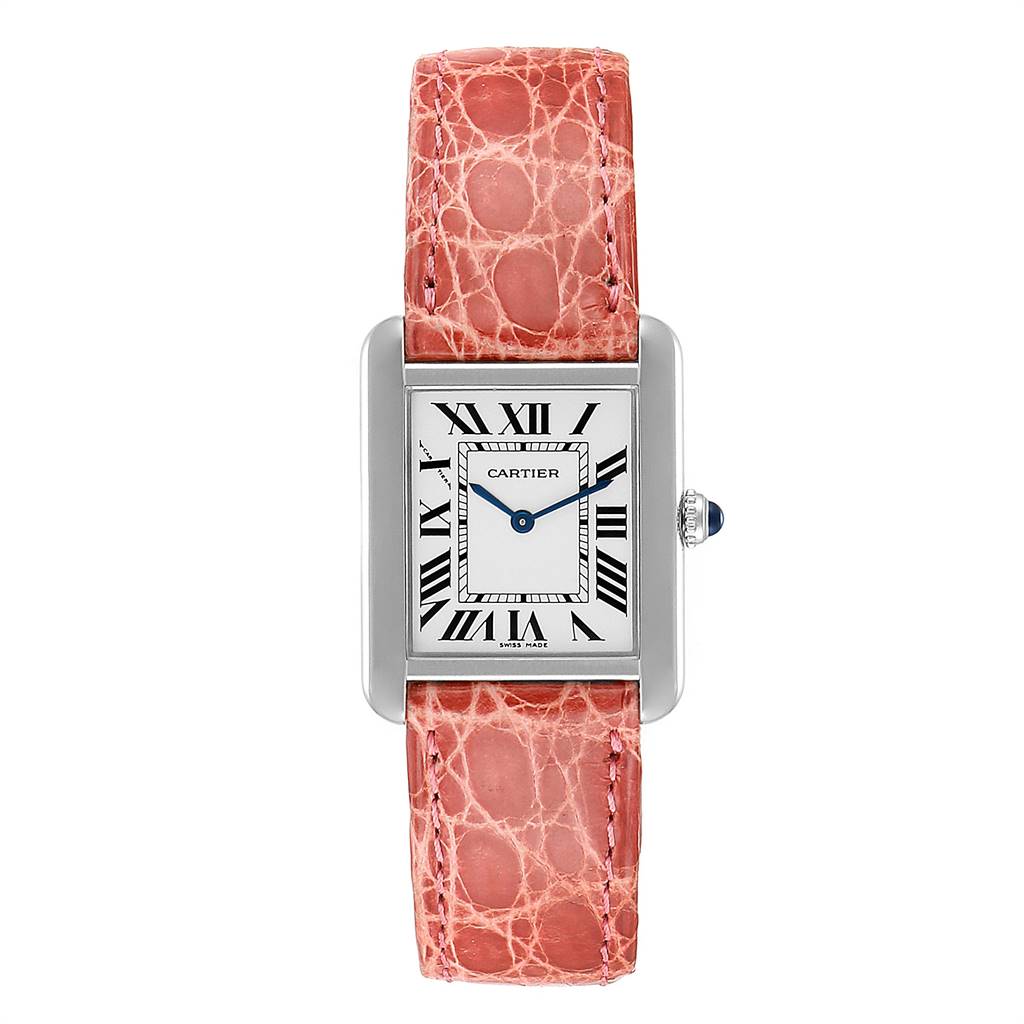 The image shows a Cartier Tank Solo W5200005 Women's Stainless Steel Silver Dial W5200005 Women's Stainless Steel Silver Dial watch with a front view, featuring a rectangular face with Roman numerals and a pink alligator leather strap.