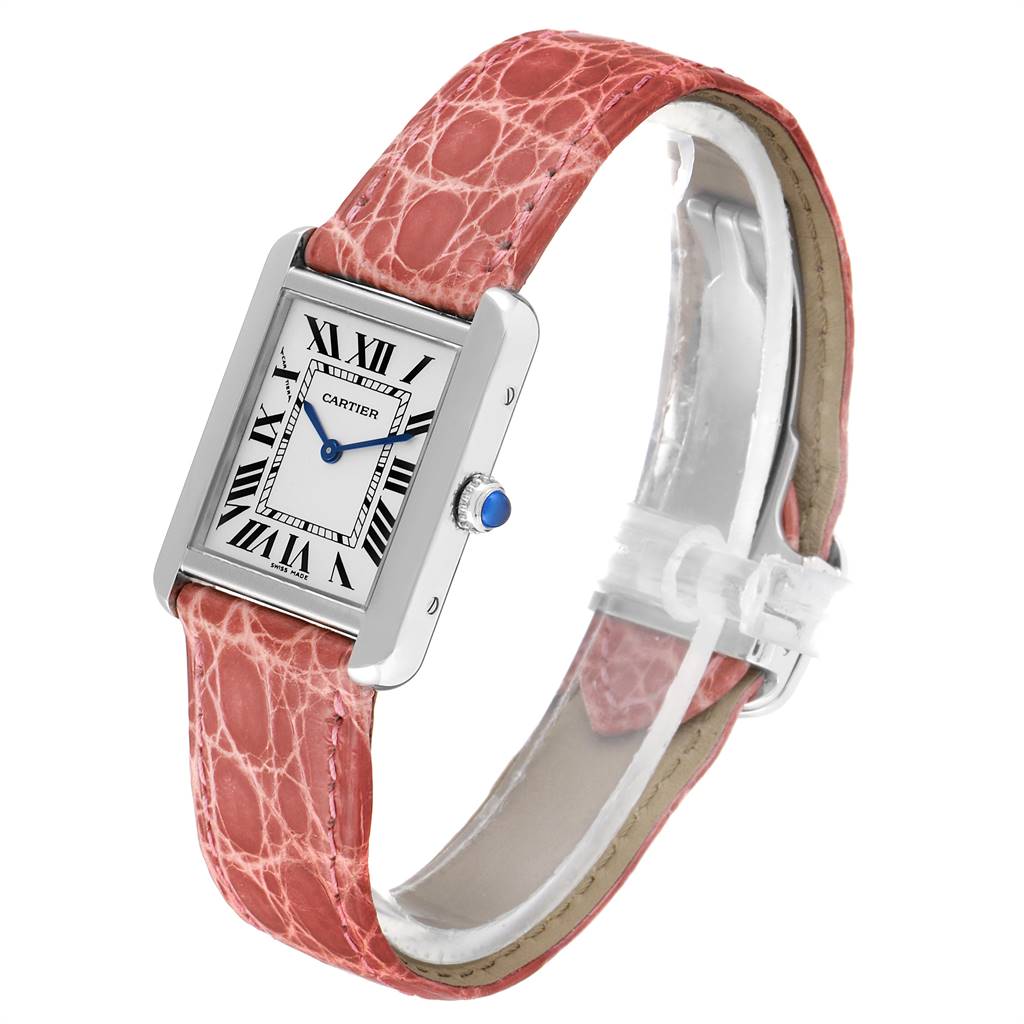 The image shows a Cartier Tank Solo W5200005 Women's Stainless Steel Silver Dial W5200005 Women's Stainless Steel Silver Dial watch with a close-up angle, highlighting the rectangular face and red leather strap.
