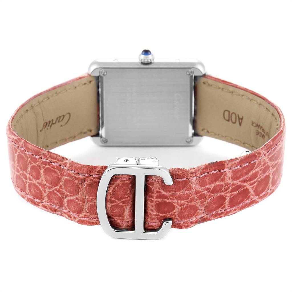 The image shows the back and clasp of a Cartier Tank Solo W5200005 Women's Stainless Steel Silver Dial W5200005 Women's Stainless Steel Silver Dial watch, highlighting its leather strap and stainless steel case.