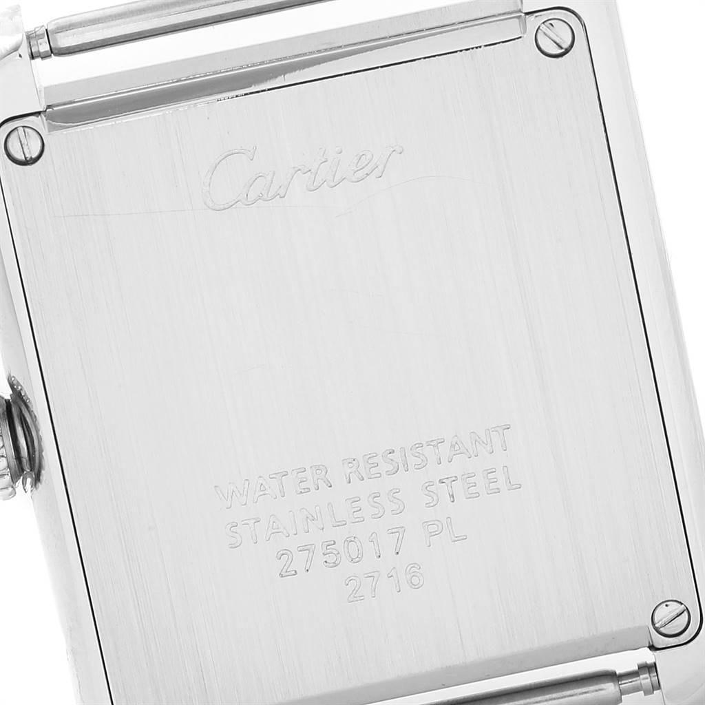 This image shows the back case of the Cartier Tank Solo W1018255 Women's Stainless Steel Silver Dial W1018255 Women's Stainless Steel Silver Dial watch, highlighting the engraved branding and specifications.