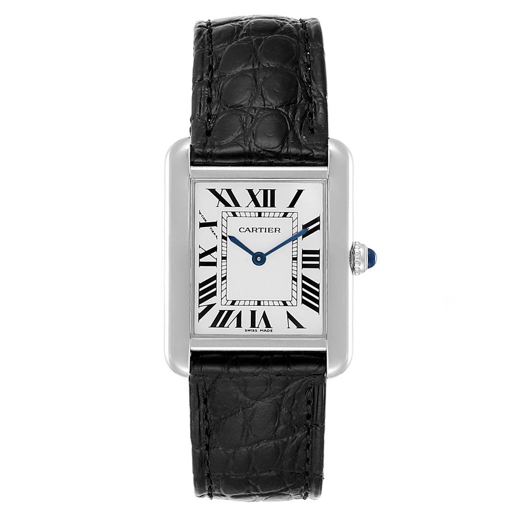 The image shows a front view of the Cartier Tank Solo W1018255 Women's Stainless Steel Silver Dial W1018255 Women's Stainless Steel Silver Dial watch, featuring its rectangular dial, Roman numerals, and black leather strap.