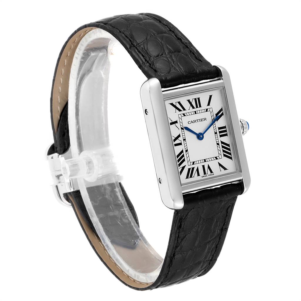 The Cartier Tank Solo W1018255 Women's Stainless Steel Silver Dial W1018255 Women's Stainless Steel Silver Dial watch is shown at a three-quarter angle with its face, crown, and black leather strap visible.