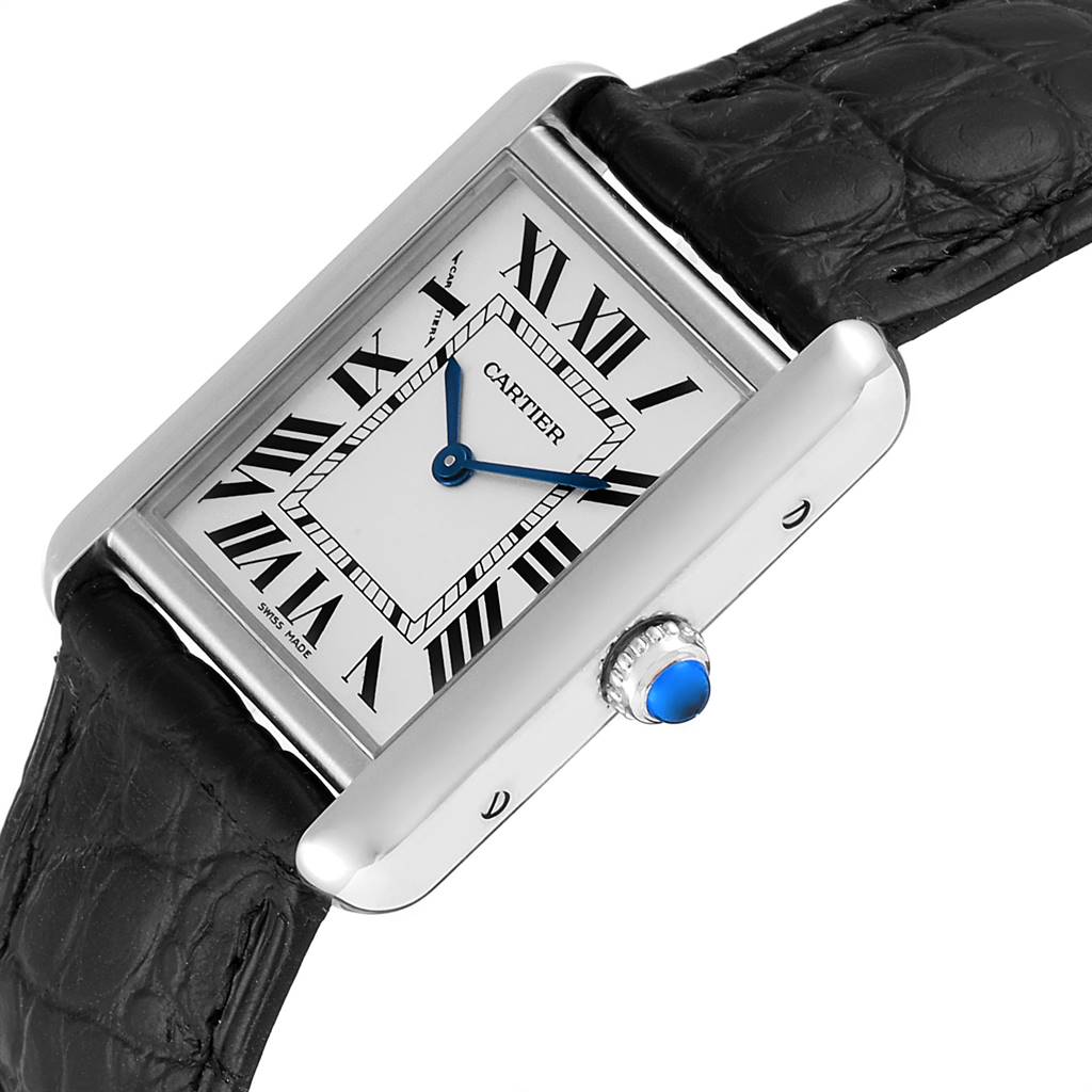 This image shows a close-up, angled view of the dial, case, crown, and part of the strap of a Cartier Tank Solo W1018255 Women's Stainless Steel Silver Dial W1018255 Women's Stainless Steel Silver Dial watch.