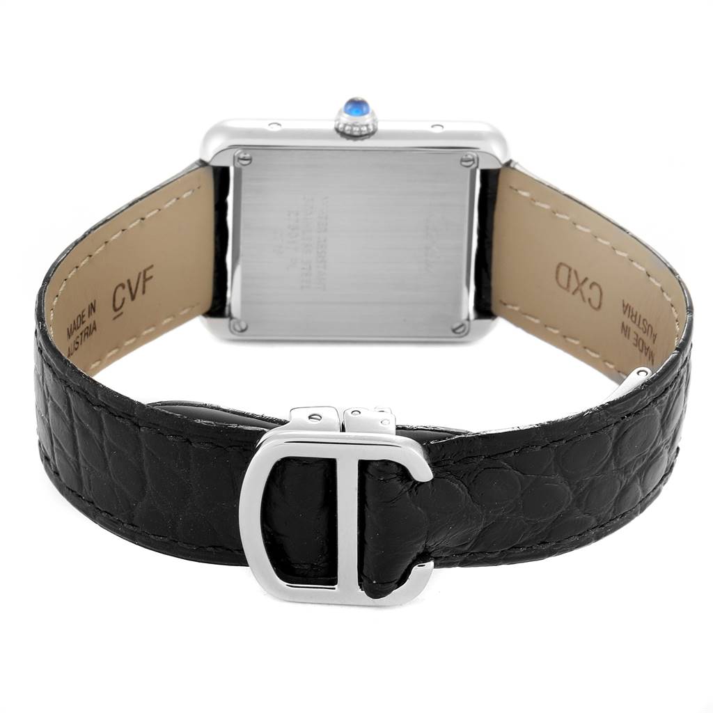 The image shows the back view of a Cartier Tank Solo W1018255 Women's Stainless Steel Silver Dial W1018255 Women's Stainless Steel Silver Dial watch, focusing on the case back, leather strap, and buckle.