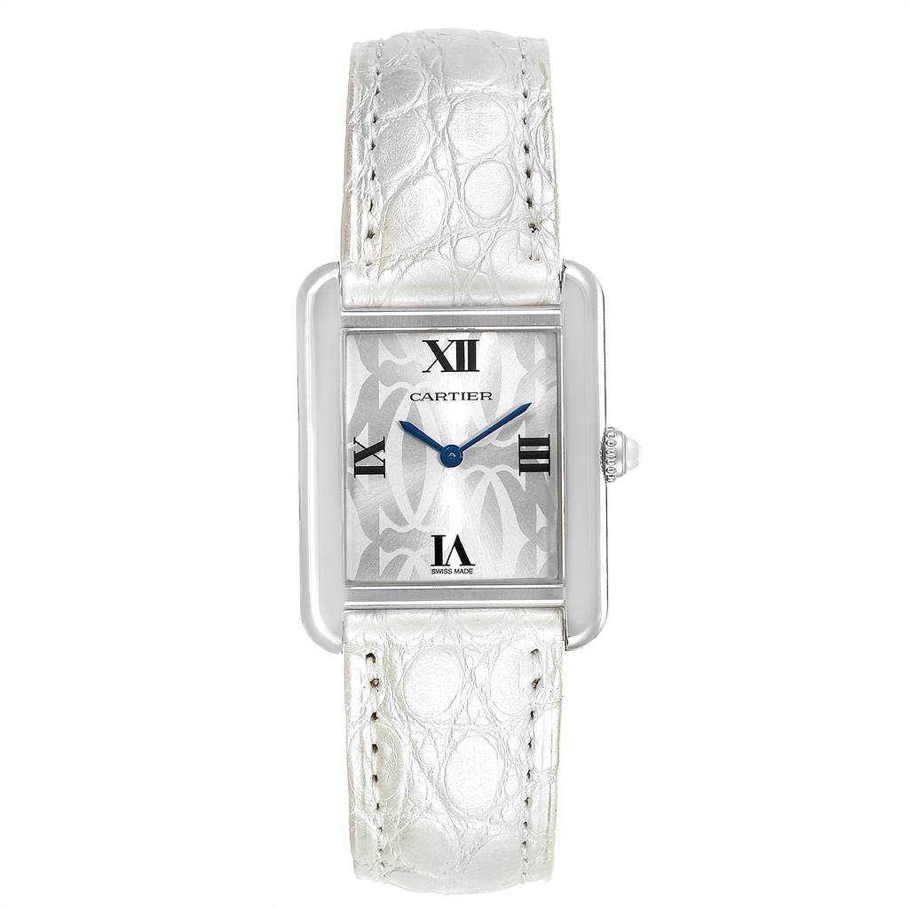 The Cartier Tank Solo W1019555 Women's Stainless Steel Silver Dial W1019555 Women's Stainless Steel Silver Dial watch is shown in a straight-on angle, featuring a white leather strap, silver rectangular case, and Roman numeral dial.