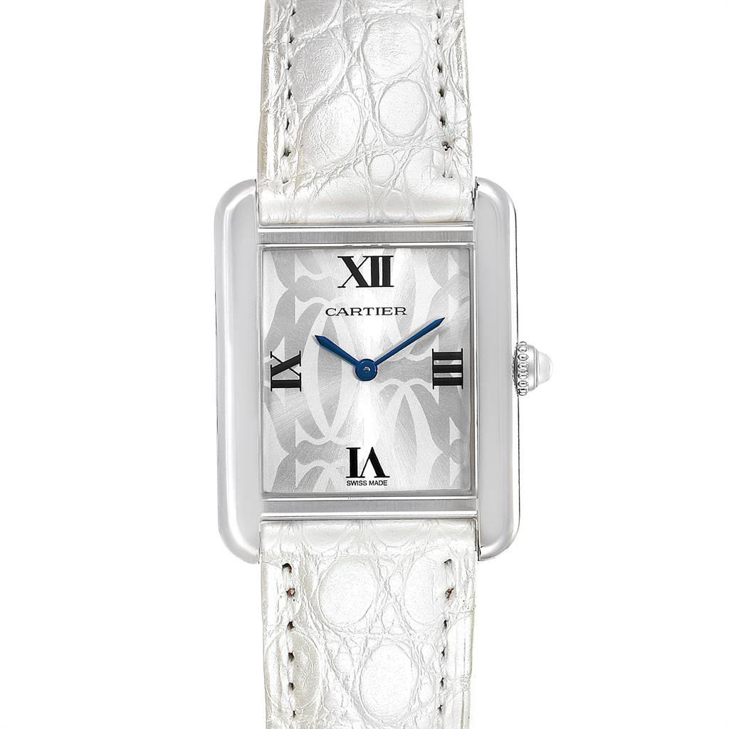 This image shows a front view of a Cartier Tank Solo W1019555 Women's Stainless Steel Silver Dial W1019555 Women's Stainless Steel Silver Dial watch, highlighting its rectangular dial, Roman numerals, and white leather strap.