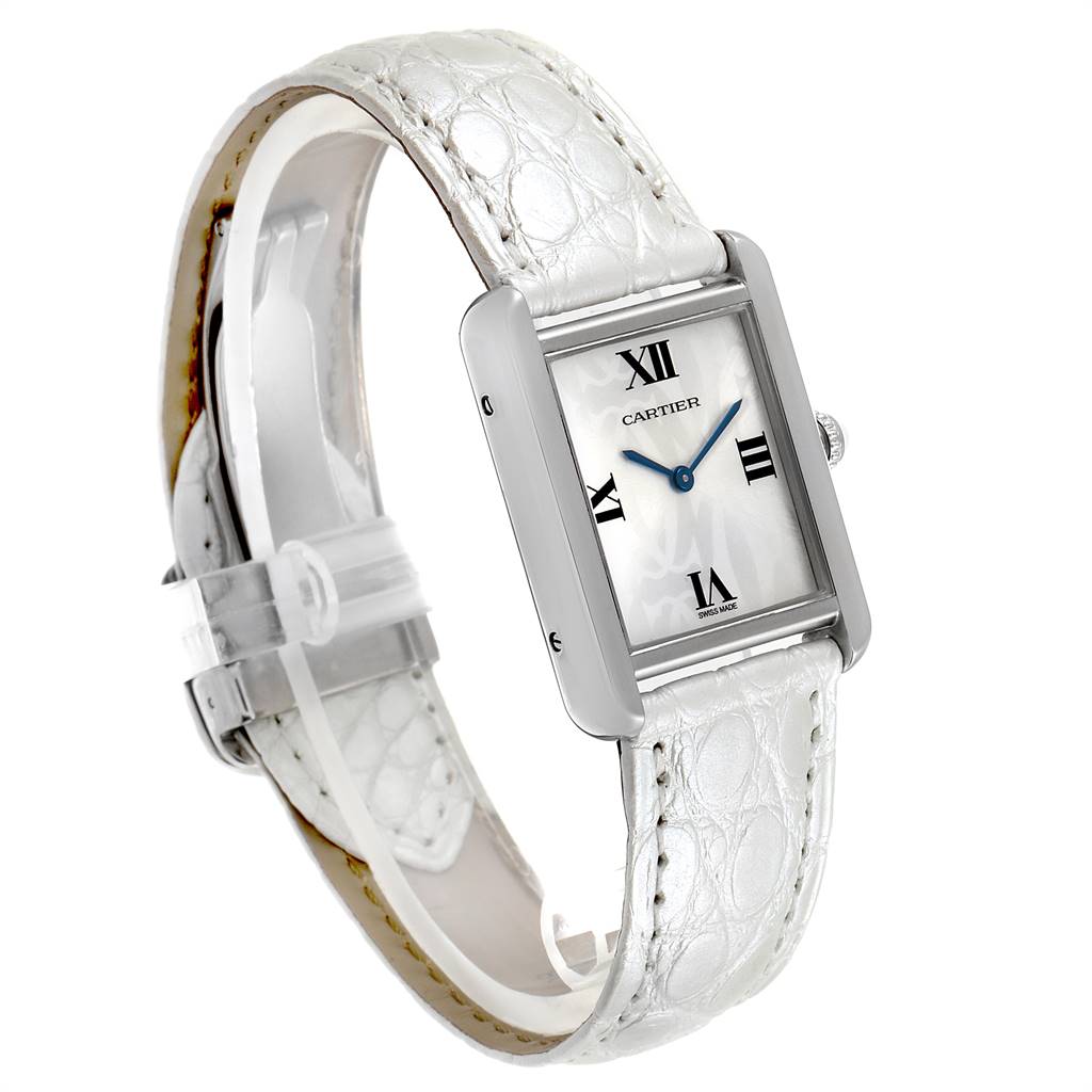 The image shows a Cartier Tank Solo W1019555 Women's Stainless Steel Silver Dial W1019555 Women's Stainless Steel Silver Dial watch at a side angle, displaying the face, strap, and case.
