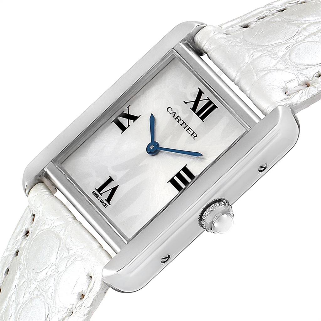 This image shows a close-up view of the Cartier Tank Solo W1019555 Women's Stainless Steel Silver Dial W1019555 Women's Stainless Steel Silver Dial watch face and part of the strap.