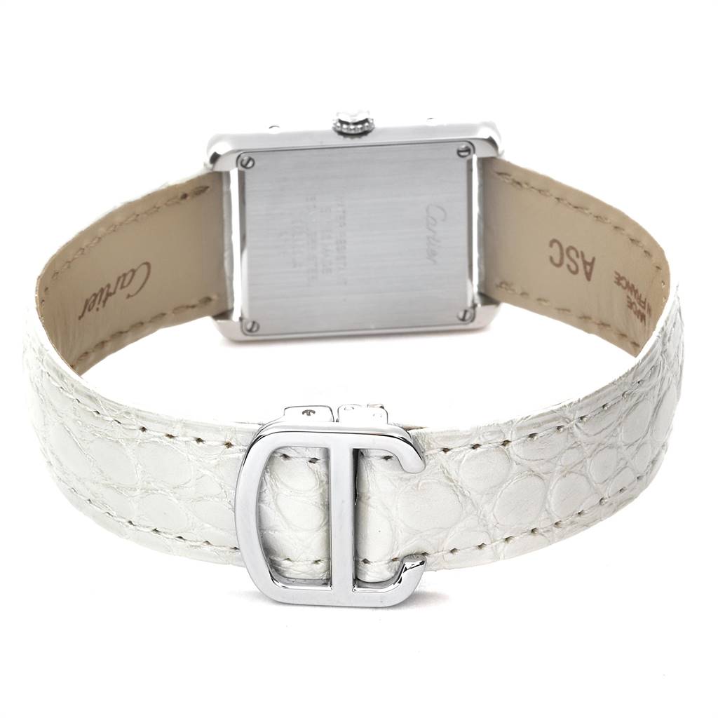 This image shows the back view of a Cartier Tank Solo W1019555 Women's Stainless Steel Silver Dial W1019555 Women's Stainless Steel Silver Dial watch, highlighting the case back and the buckle on the strap.