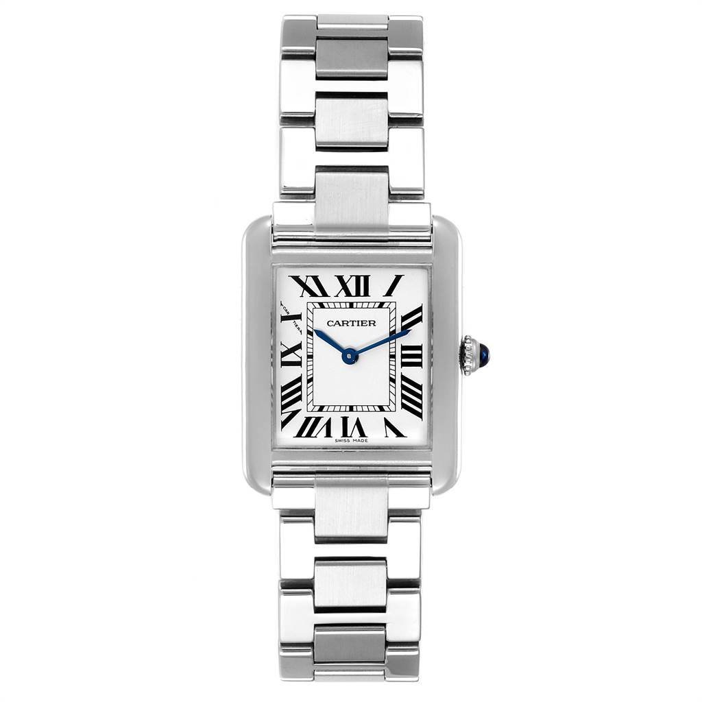 This image shows a frontal view of the Cartier Tank Solo W5200013 Women
s Stainless Steel Silver Dial W5200013 Women
s Stainless Steel Silver Dial watch, highlighting its rectangular face, bracelet, and crown.