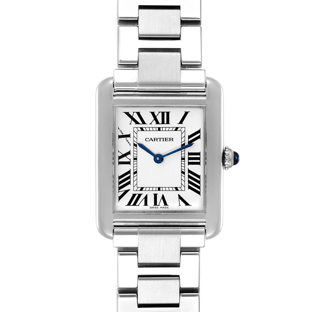 The image shows a front view of the Cartier Tank Solo W5200013 Women
s Stainless Steel Silver Dial W5200013 Women
s Stainless Steel Silver Dial watch, featuring its rectangular face, Roman numerals, and metal bracelet.