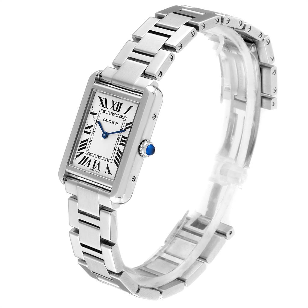 The Cartier Tank Solo W5200013 Women
s Stainless Steel Silver Dial W5200013 Women
s Stainless Steel Silver Dial watch is shown at a side angle, highlighting the face, crown, and bracelet.