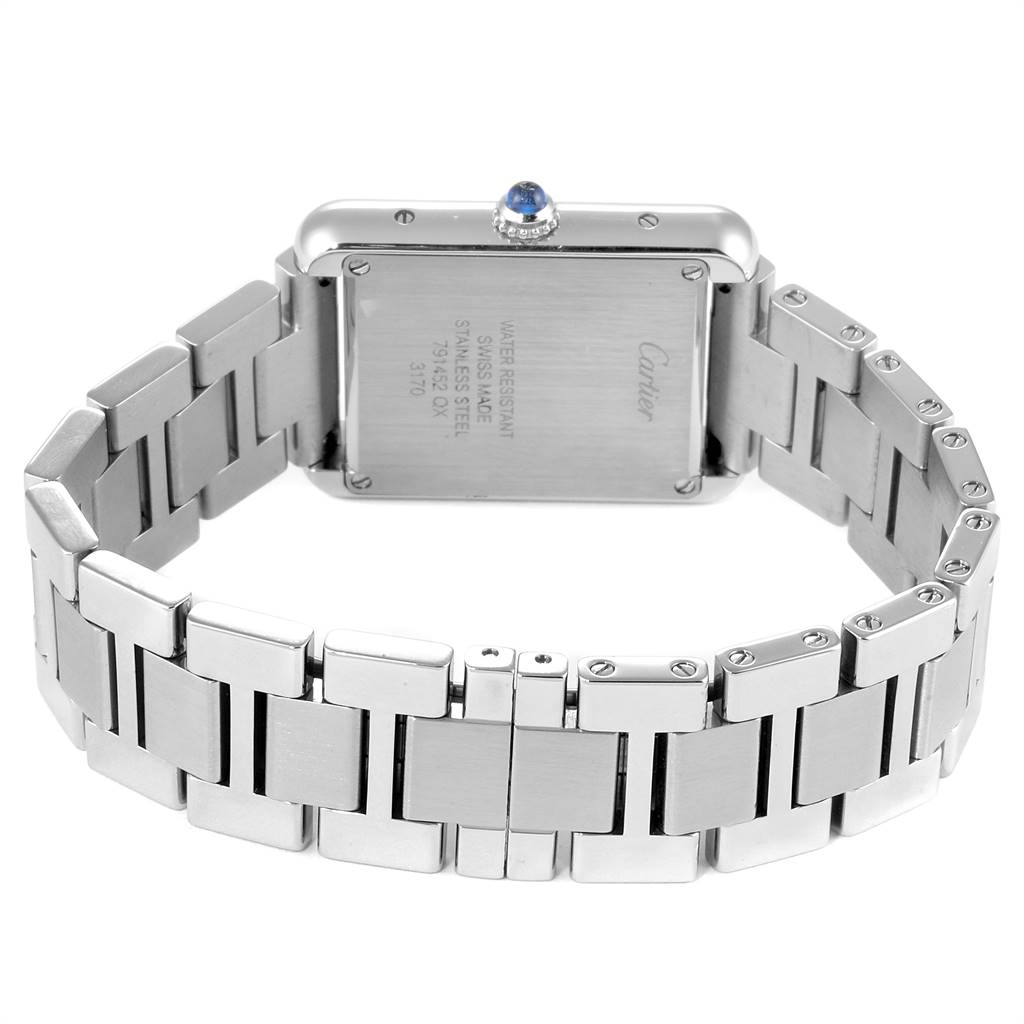 The image shows the back and bracelet of the Cartier Tank Solo W5200013 Women
s Stainless Steel Silver Dial W5200013 Women
s Stainless Steel Silver Dial watch at an angle highlighting its stainless steel construction.