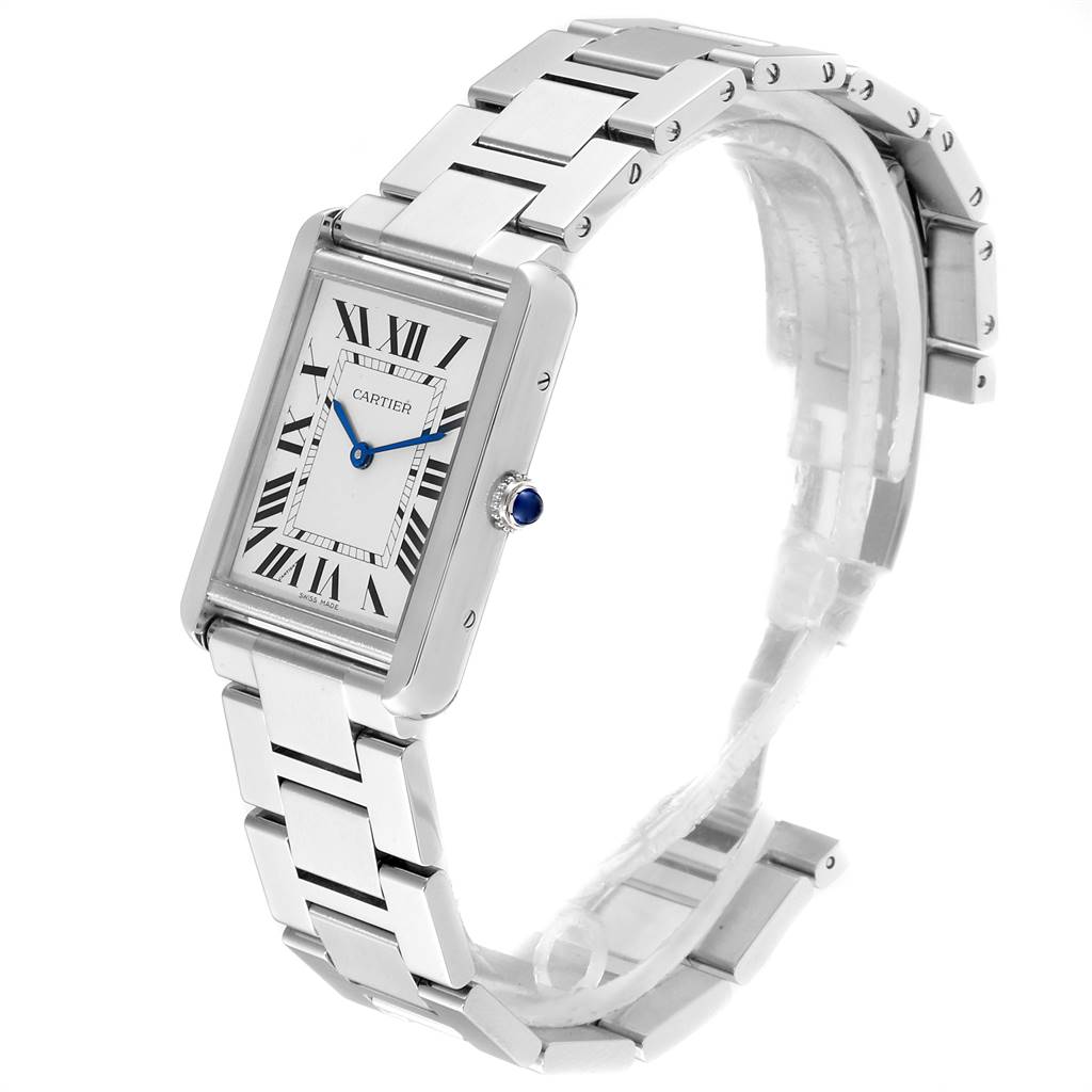 The Cartier Tank Solo W5200014 Men's Stainless Steel Silver Dial W5200014 Men's Stainless Steel Silver Dial watch is shown at a slight angle, highlighting its rectangular face and stainless steel bracelet.