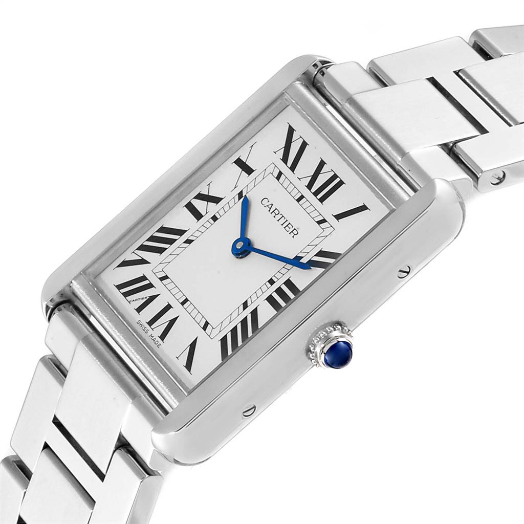 This image shows a Cartier Tank Solo W5200014 Men's Stainless Steel Silver Dial W5200014 Men's Stainless Steel Silver Dial watch at an angled position highlighting its dial, hands, and the bezel.