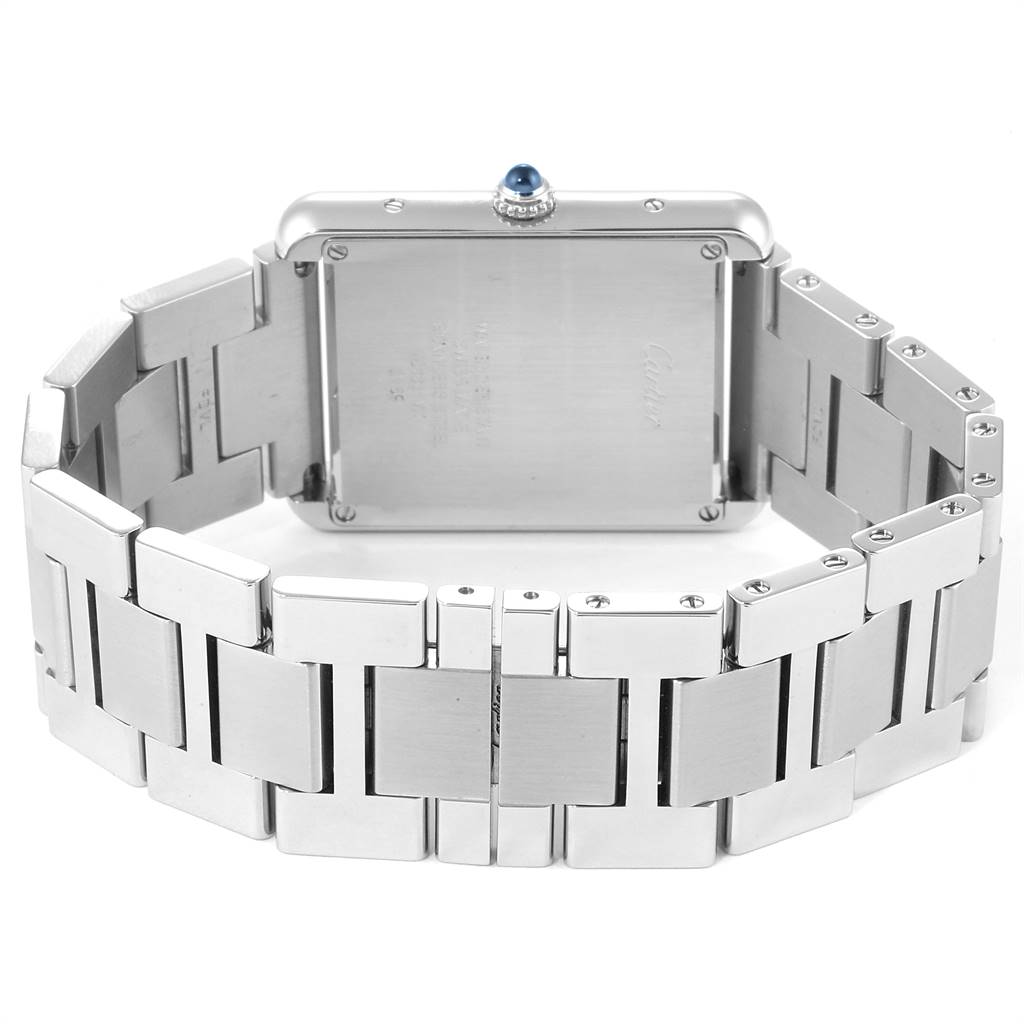 This image shows the back of the Cartier Tank Solo W5200014 Men's Stainless Steel Silver Dial W5200014 Men's Stainless Steel Silver Dial watch, focusing on the case back and stainless steel bracelet.