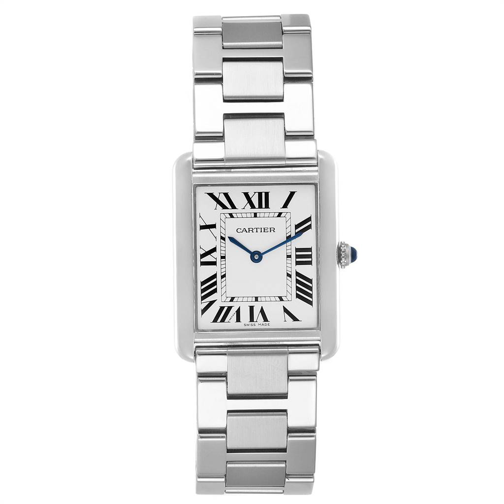 The image shows a front view of a Cartier Tank Solo W5200014 Men's Stainless Steel Silver Dial W5200014 Men's Stainless Steel Silver Dial watch, highlighting the face and metal bracelet.