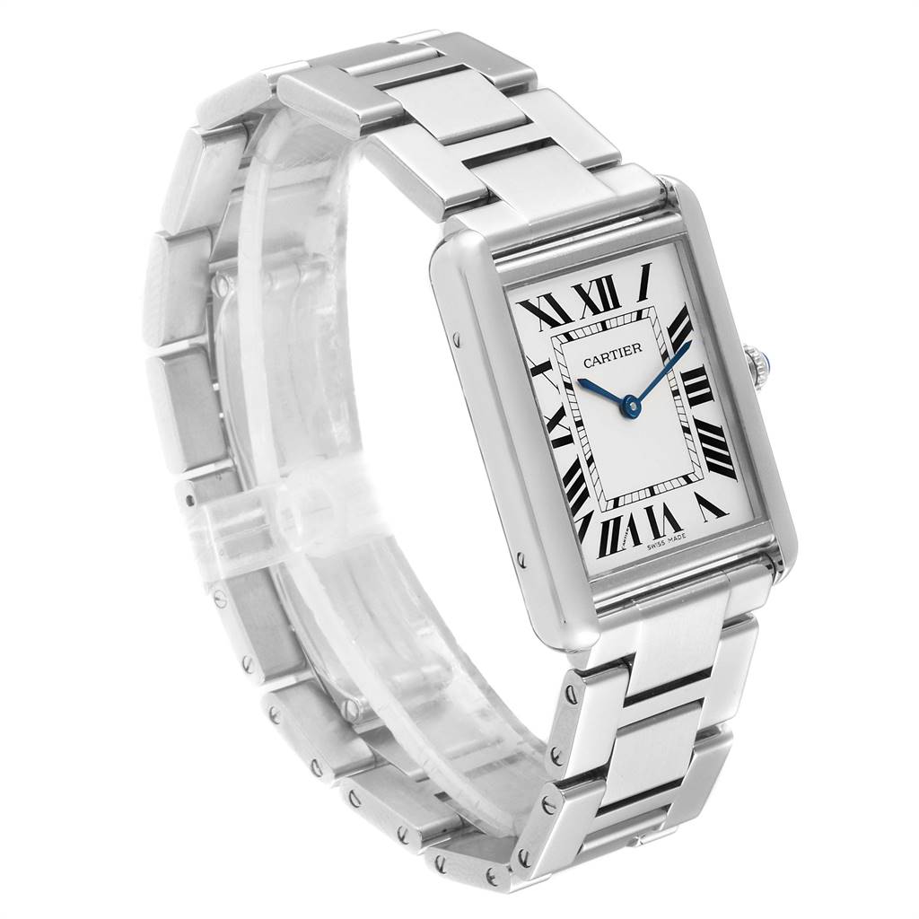 This image shows a Cartier Tank Solo W5200014 Men's Stainless Steel Silver Dial W5200014 Men's Stainless Steel Silver Dial watch at a three-quarter angle, displaying the face, case, and metal bracelet.