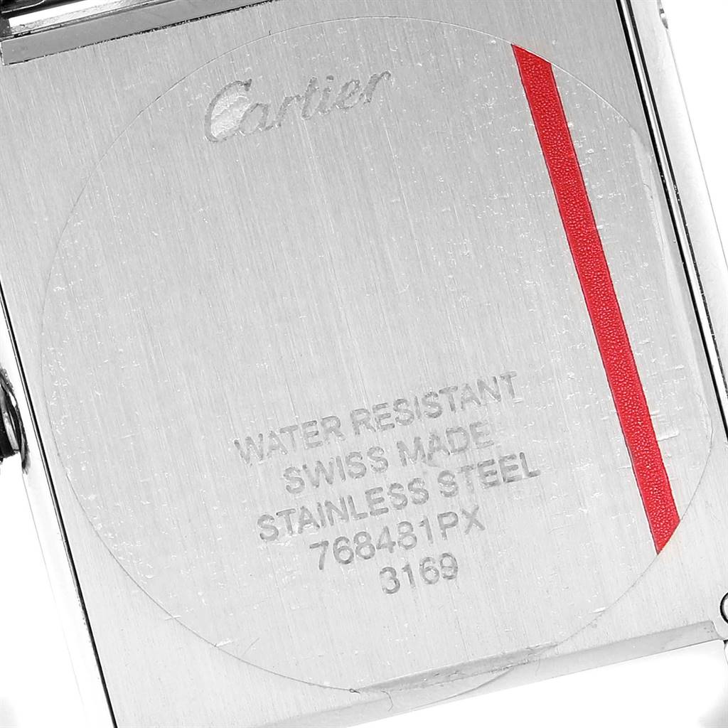 This image shows the case back of the Cartier Tank Solo W5200014 Men's Stainless Steel Silver Dial W5200014 Men's Stainless Steel Silver Dial watch, displaying its engraved details.