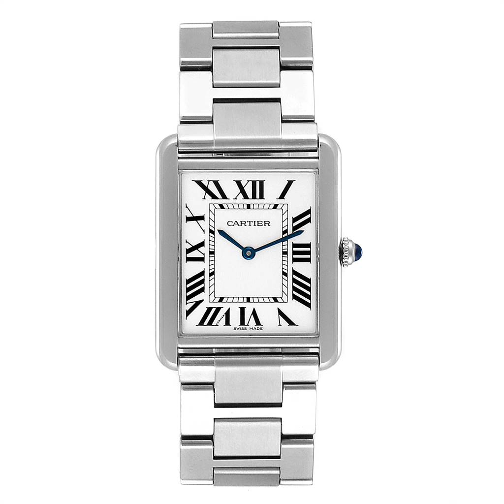 This image shows a front view of the Cartier Tank Solo W5200014 Men's Stainless Steel Silver Dial W5200014 Men's Stainless Steel Silver Dial model watch displaying its face, bezel, and metal bracelet.