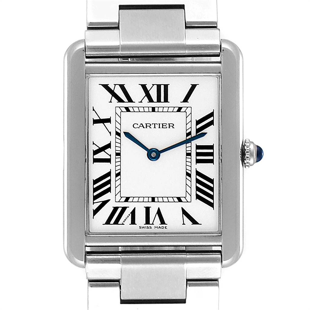 The Cartier Tank Solo W5200014 Men's Stainless Steel Silver Dial W5200014 Men's Stainless Steel Silver Dial watch is shown from a front angle, displaying the dial, Roman numerals, hands, and part of the bracelet.