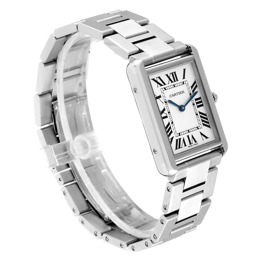 The image shows a Cartier Tank Solo W5200014 Men's Stainless Steel Silver Dial W5200014 Men's Stainless Steel Silver Dial watch at a slight angle, with a visible face, bracelet, and clasp.