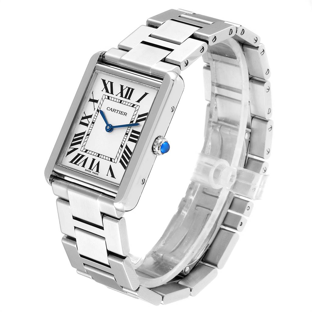 This image shows a Cartier Tank Solo W5200014 Men's Stainless Steel Silver Dial W5200014 Men's Stainless Steel Silver Dial watch, highlighting its rectangular face, Roman numerals, and metallic strap at a slanted angle.