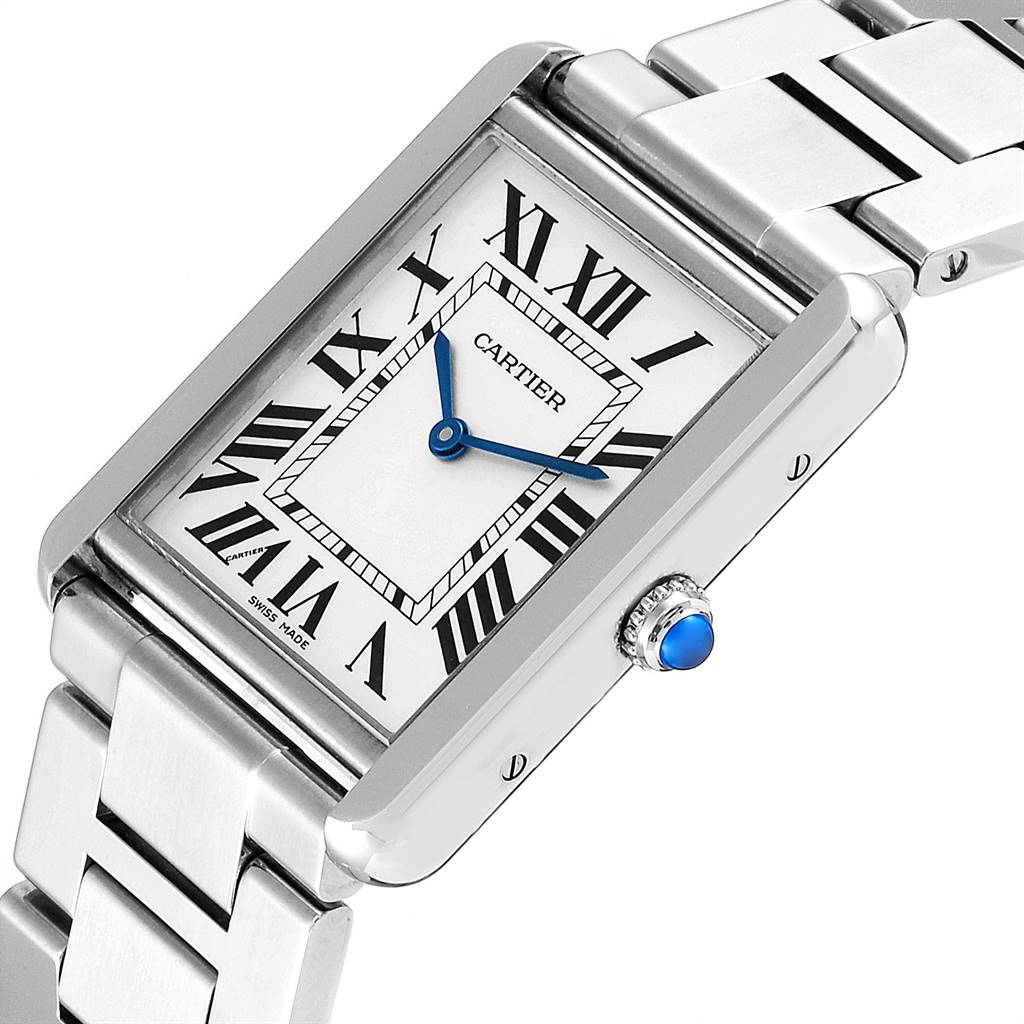 The image shows a close-up of the Cartier Tank Solo W5200014 Men's Stainless Steel Silver Dial W5200014 Men's Stainless Steel Silver Dial watch, highlighting the face, blue hands, and part of the metal bracelet.