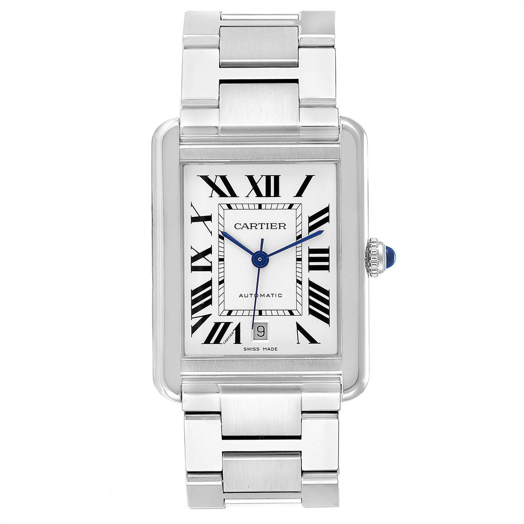 This image shows a front view of the Cartier Tank Solo W5200028 Men
s Stainless Steel Silver Dial W5200028 Men
s Stainless Steel Silver Dial watch, displaying its face, bezel, bracelet, and crown.