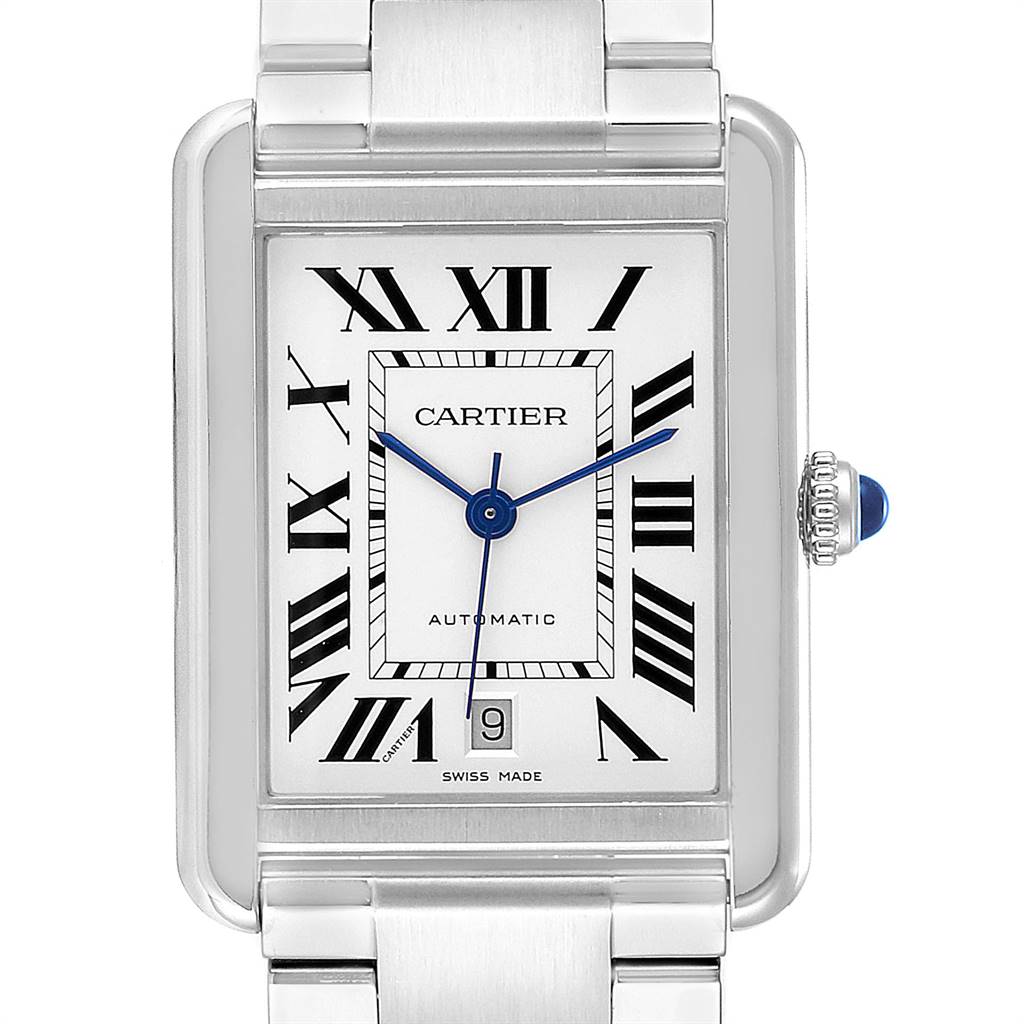 This image displays a frontal view of the Cartier Tank Solo W5200028 Men
s Stainless Steel Silver Dial W5200028 Men
s Stainless Steel Silver Dial watch, showcasing its dial, hands, and part of the bracelet.