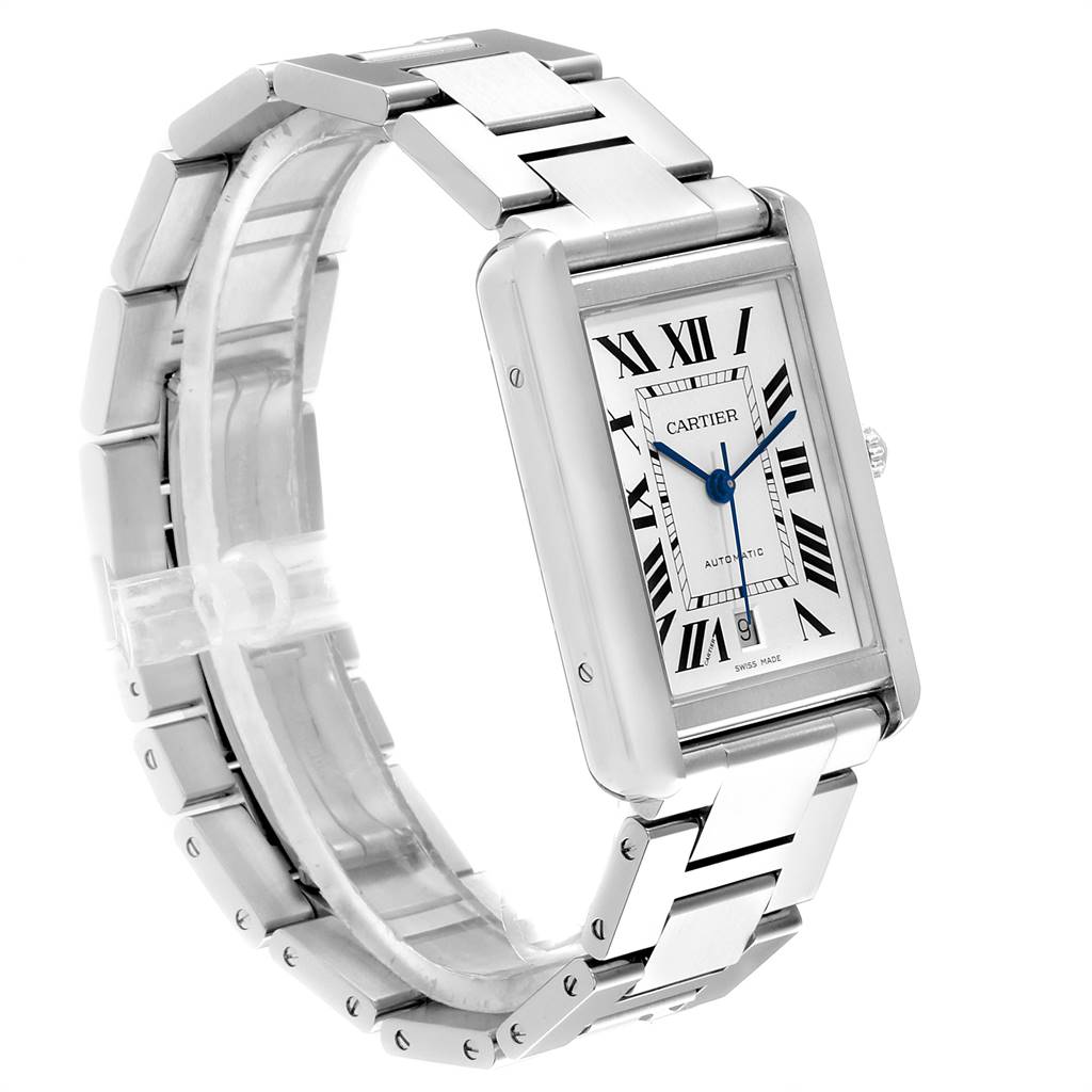 The Cartier Tank Solo W5200028 Men
s Stainless Steel Silver Dial W5200028 Men
s Stainless Steel Silver Dial watch is shown at an angle highlighting its rectangular face and metal bracelet.