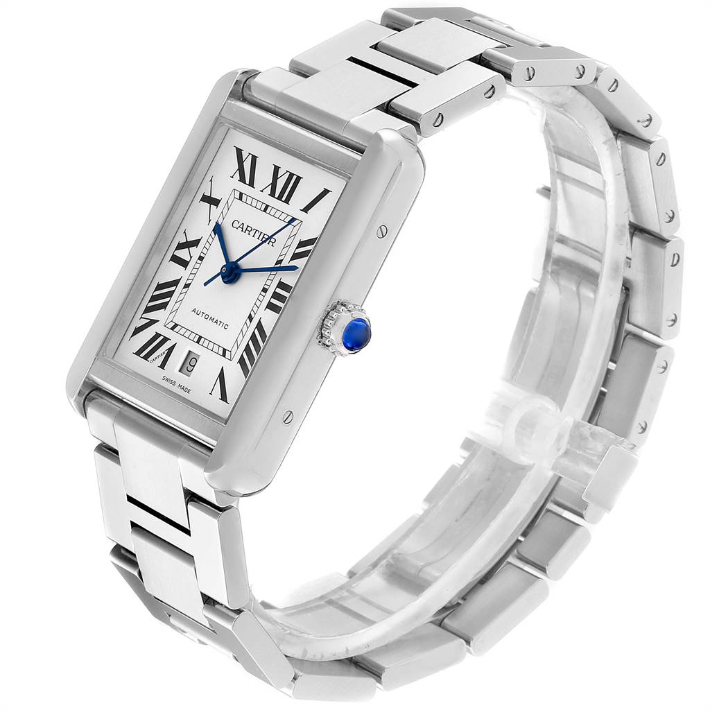 This image shows a Cartier Tank Solo W5200028 Men
s Stainless Steel Silver Dial W5200028 Men
s Stainless Steel Silver Dial watch from a front-right angle, highlighting the face, bracelet, and crown.