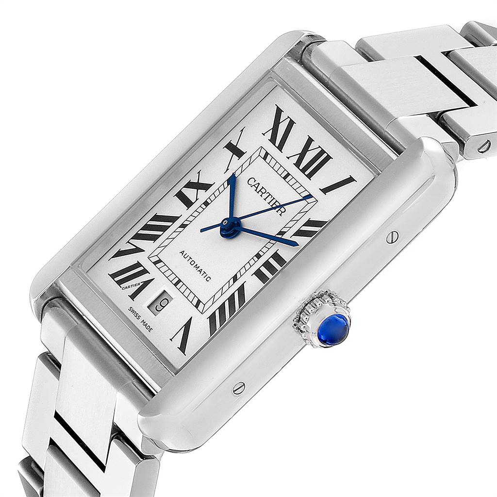 The image shows a Cartier Tank Solo W5200028 Men
s Stainless Steel Silver Dial W5200028 Men
s Stainless Steel Silver Dial watch from a side angle, highlighting the rectangular face, Roman numerals, and bracelet.