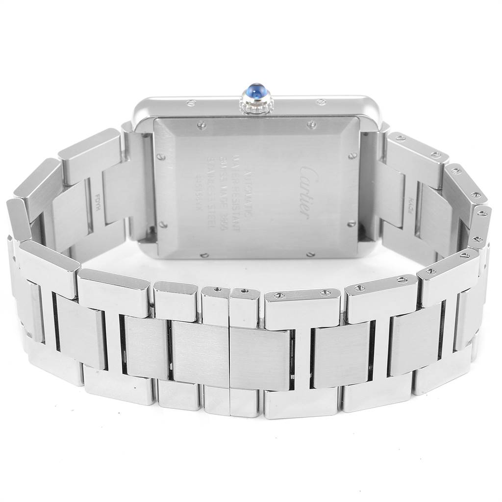 The image shows the back view of a Cartier Tank Solo W5200028 Men
s Stainless Steel Silver Dial W5200028 Men
s Stainless Steel Silver Dial watch, highlighting its stainless steel case and bracelet.