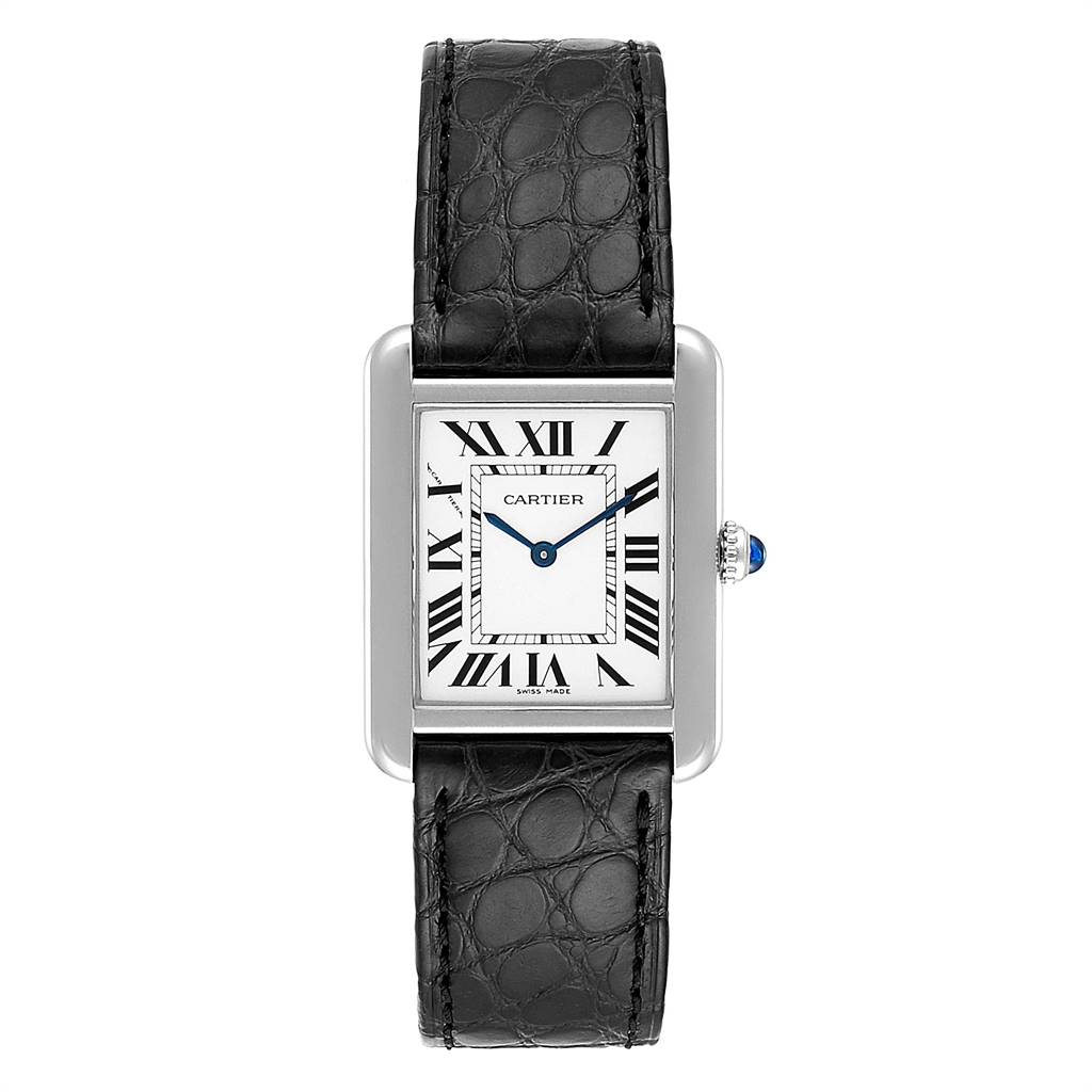 This image shows a Cartier Tank Solo W1018255 Women's Stainless Steel Silver Dial W1018255 Women's Stainless Steel Silver Dial watch from a straight-on perspective, highlighting the face, Roman numeral dial, and black leather strap.