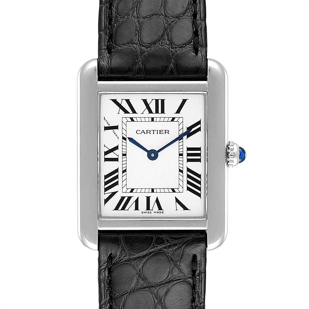 This is a frontal view of the Cartier Tank Solo W1018255 Women's Stainless Steel Silver Dial W1018255 Women's Stainless Steel Silver Dial watch, showcasing its dial, Roman numerals, and black leather strap.