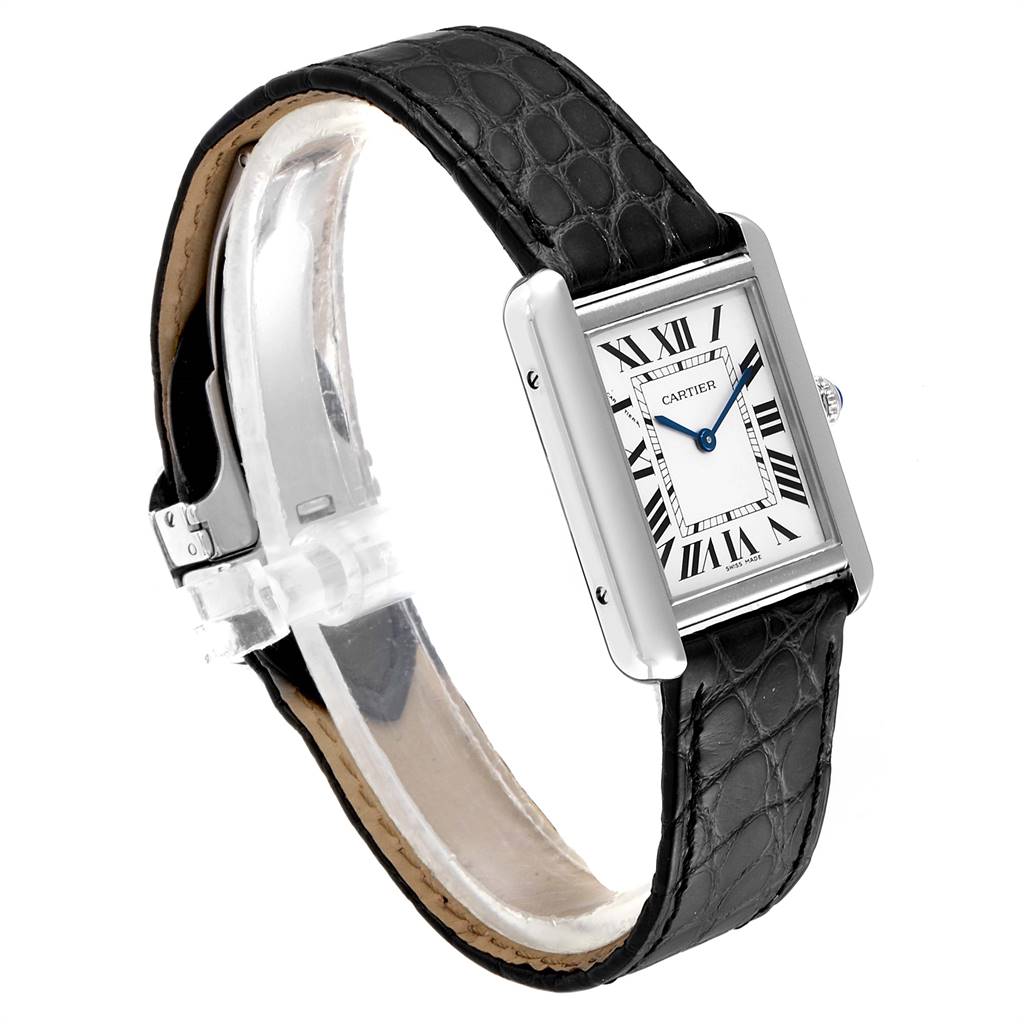 The image shows a Cartier Tank Solo W1018255 Women's Stainless Steel Silver Dial W1018255 Women's Stainless Steel Silver Dial watch at a three-quarter angle, highlighting its black leather strap and rectangular face.
