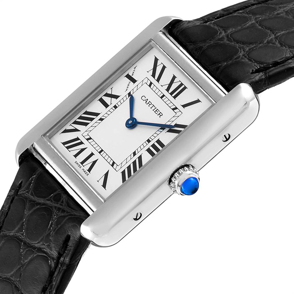 The image shows a Cartier Tank Solo W1018255 Women's Stainless Steel Silver Dial W1018255 Women's Stainless Steel Silver Dial watch at an angle highlighting its face, crown, and part of the black leather strap.