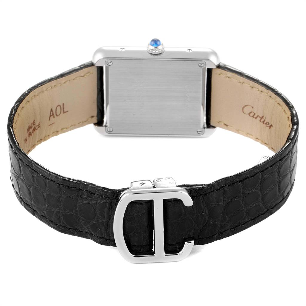 This image shows the back of a Cartier Tank Solo W1018255 Women's Stainless Steel Silver Dial W1018255 Women's Stainless Steel Silver Dial watch, highlighting the buckle and the back case.