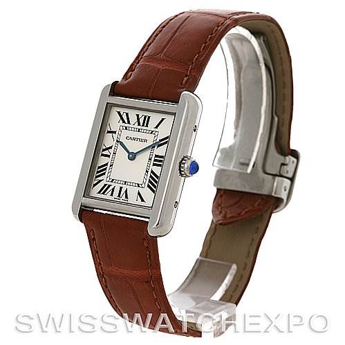 The image shows a side angle view of the Cartier Tank Solo W5200005 Women's Stainless Steel Silver Dial W5200005 Women's Stainless Steel Silver Dial watch, highlighting its rectangular face, brown leather strap, and buckle.