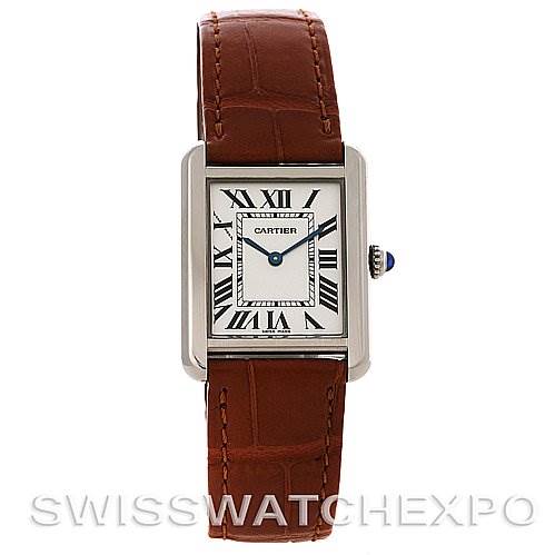 The image shows a front view of the Cartier Tank Solo W5200005 Women's Stainless Steel Silver Dial W5200005 Women's Stainless Steel Silver Dial watch, highlighting the face, bezel, and leather strap.