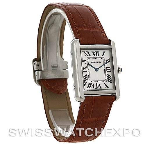 This image shows a Cartier Tank Solo W5200005 Women's Stainless Steel Silver Dial W5200005 Women's Stainless Steel Silver Dial watch in a side angle, highlighting its brown leather strap and rectangular dial.